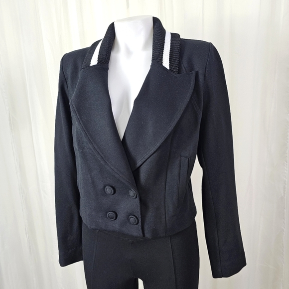 Cabi Black Tie Jacket Black Ponte Sweater Knit Collar Cropped Double Breasted 8 - Picture 1 of 10
